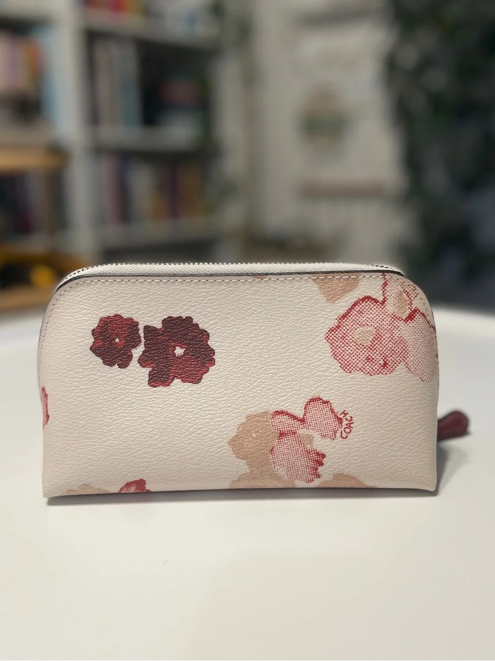 COACH Cream Floral Cosmetic Pouch with Pink & Burgundy Blooms
